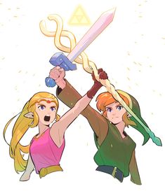 the legend of zelda and princess zelda holding up two swords with their hands