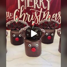 chocolate cups decorated with reindeer noses and candy