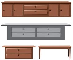 three different types of furniture with drawers and tables on each side, including a coffee table