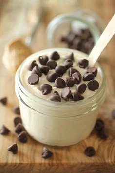 chocolate chip cookie dough in a jar with spoon