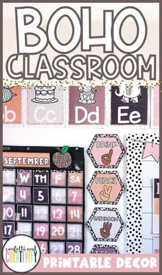 a bulletin board with the words boho classroom written on it and an image of a calendar