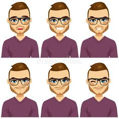 a man with different facial expressions and haircuts in glasses royalty illustration on white background