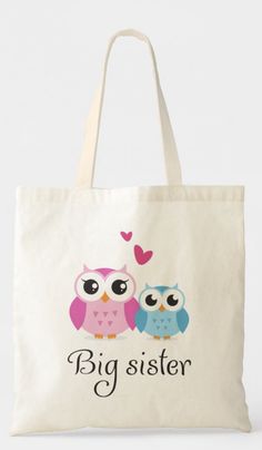 Cute owls big sister little brother cartoon tote bag Super cute big sister tote bag featuring two cartoon owls, one big pink as the big sister and one smaller blue owl as the little brother. Between them are hearts as a symbol of love. Cute and fun design, makes a great gift for big sisters and big sisters to be. Cute Tote Diaper Bag, Cute Customizable Bags For Daily Use, White Rectangular Diaper Bag Gift, Rectangular White Diaper Bag Gift, Rectangular White Diaper Bag As Gift, Cute Customizable Rectangular Bag, Cute Rectangular Customizable Bags, Customizable Cute Rectangular Bags, Playful Personalized Bags For Gifts