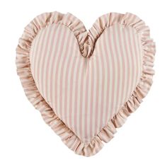 a heart shaped pillow with ruffles on the bottom and pink striped fabric around it