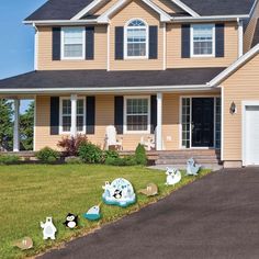 a house with lawn decorations in front of it