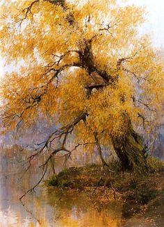 a painting of a tree with yellow leaves on the branches and water in the background