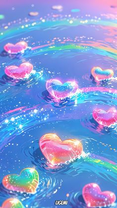 colorful hearts floating in water with bubbles