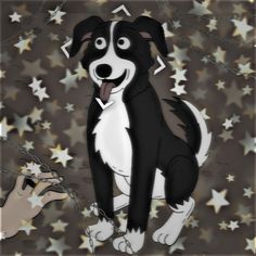 a drawing of a black and white dog with stars in the background