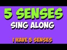 the words, 5 senses sing along i have 5 senses on purple background with green and