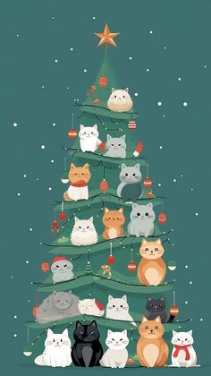 a christmas tree with many cats around it