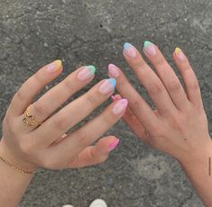 French Tip Nails With Color Line, Pastel Colored French Tip Nails, Almond Shape Beach Nails, Colorful Tip Nails, Different Color French Tips, Multi Colored French Tip Nails, Cute Spring Break Nails, Two Color French Tip Nails, Colorful French Tips