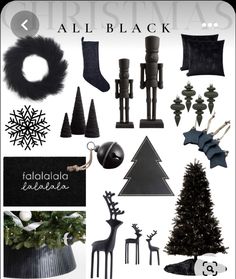 christmas items are arranged in black and white, including stockings, trees, candles, ornaments