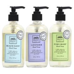 three bottles of hand soaps on a white background, each containing different types of liquid