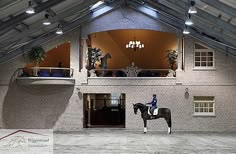 a horse is standing in the middle of an indoor arena with its rider on it's back