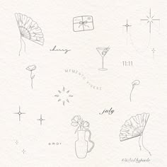 a drawing of flowers, umbrellas and cards with the words july written on them