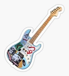 an electric guitar with stickers on it's body and neck, sitting in front of a white background