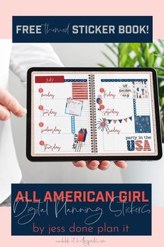 a person holding up a planner book with the title, all american girl digital making stories by