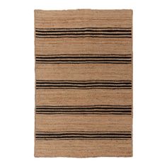 an area rug with black and beige stripes on the bottom, in front of a white background