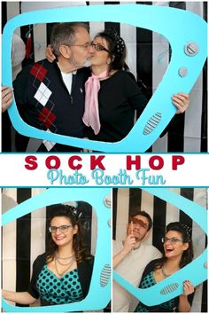 a man and woman are posing for a photo booth