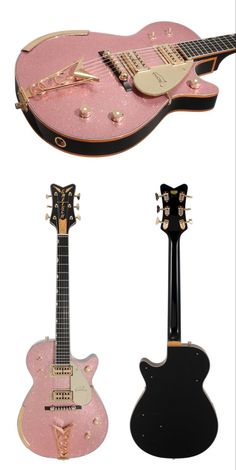 two guitars are shown side by side, one is pink and the other is black