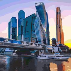 a digital painting of a city with skyscrapers and a boat in the water at sunset