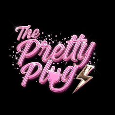 the pretty pig logo on a black background with pink and silver letters, stars and sparkles