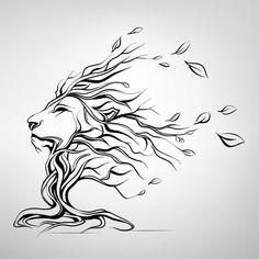 a lion's head with leaves blowing in the wind, on a gray background