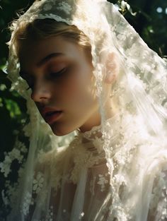 a woman wearing a white veil with flowers on it's head and her eyes closed