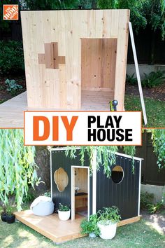 the diy play house is made out of pallet wood and has plants in it