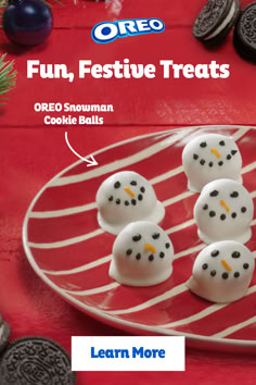 oreo snowman cookie balls on a plate with the words fun, festive treats