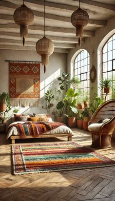 a living room filled with lots of furniture and plants on top of wooden flooring