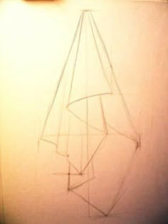 a pencil drawing of a sailboat on a white paper with a red light in the background