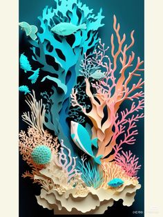 an underwater scene with corals, seaweed and other marine life in blue water