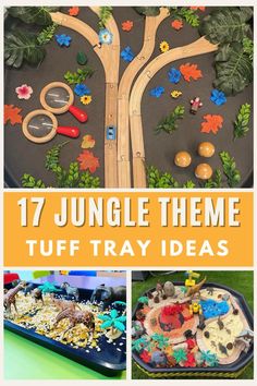 a collage of different activities for toddlers to play with in the jungle theme