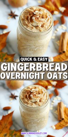 two jars filled with gingerbread overnight oats on top of an autumn leaves background