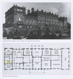 an old building with many windows and lots of plants in front of it, along with a plan for the first floor