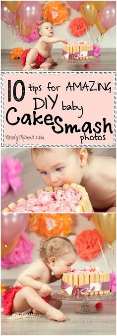 a baby is sitting in front of a cake with pink frosting on it and the words 10 tips for amazing diy baby cakes smash