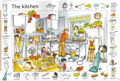 an open children's book showing the inside of a kitchen with pictures and words