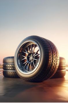 three tires stacked on top of each other in front of the sun at sunset or dawn