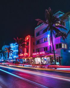 an image of a city street at night with palm trees and neon lights in the background