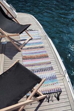 two lawn chairs sitting on top of a wooden dock