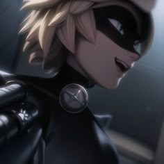 an anime character with blonde hair and black leather outfit