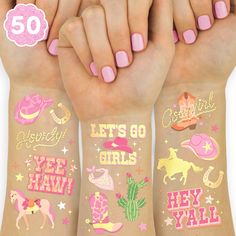 three girls with pink nails and tattoos on their arms