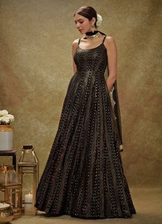 Black and Gold Sequin Embroidered Anarkali Gown Renee Label - Fabilicious Fashion Modern Indian Outfits, Sangeet Saree, Sequin Anarkali, Threadwork Embroidery, Bridal Crop Top, Kurta Lehenga, Waistcoat Woman, Embroidered Anarkali, Indian Wedding Wear