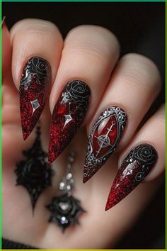 Dark Fantasy Nails, Red Witchy Nails, Short Vampire Nails, Witch Nails Halloween, Dark Nails Designs, Witchy Nail Designs, Fall Nails Black, Nails Pigment, Plant Nails