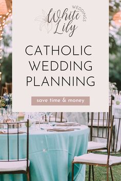 a sign that says catholic wedding planning save time and money with chairs in front of it