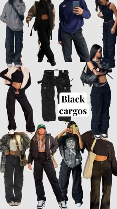 #black #cargopants #cargos #fashion #fashioninspo #outfitinspo #clothes #fashionboard #outfit #inspo Outfit Inspirations Cargo Pants, Cargo Pants Ootd Women, Black Cargo Pants Party Outfit, Black And Beige Aesthetic Outfit, Styling Black Cargo Jeans, Cute Outfits Black Cargo Pants, Black Cargo Styling, Alternative Cargo Pants Outfit, Outfits To Wear With Black Cargo Pants