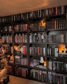 a room filled with lots of books next to a christmas tree