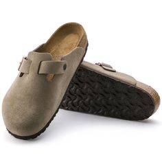 Boston Soft Footbed Suede Leather Taupe | BIRKENSTOCK Birkenstock Boston Soft Footbed, Boston Soft Footbed, Suede Slides, Boston Clog, Designer Slippers, Leather Flip Flops, Birkenstock Boston, Genuine Leather Shoes, Leather Clogs