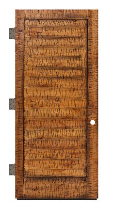 an image of a wooden door with metal studs on the bottom and side panels